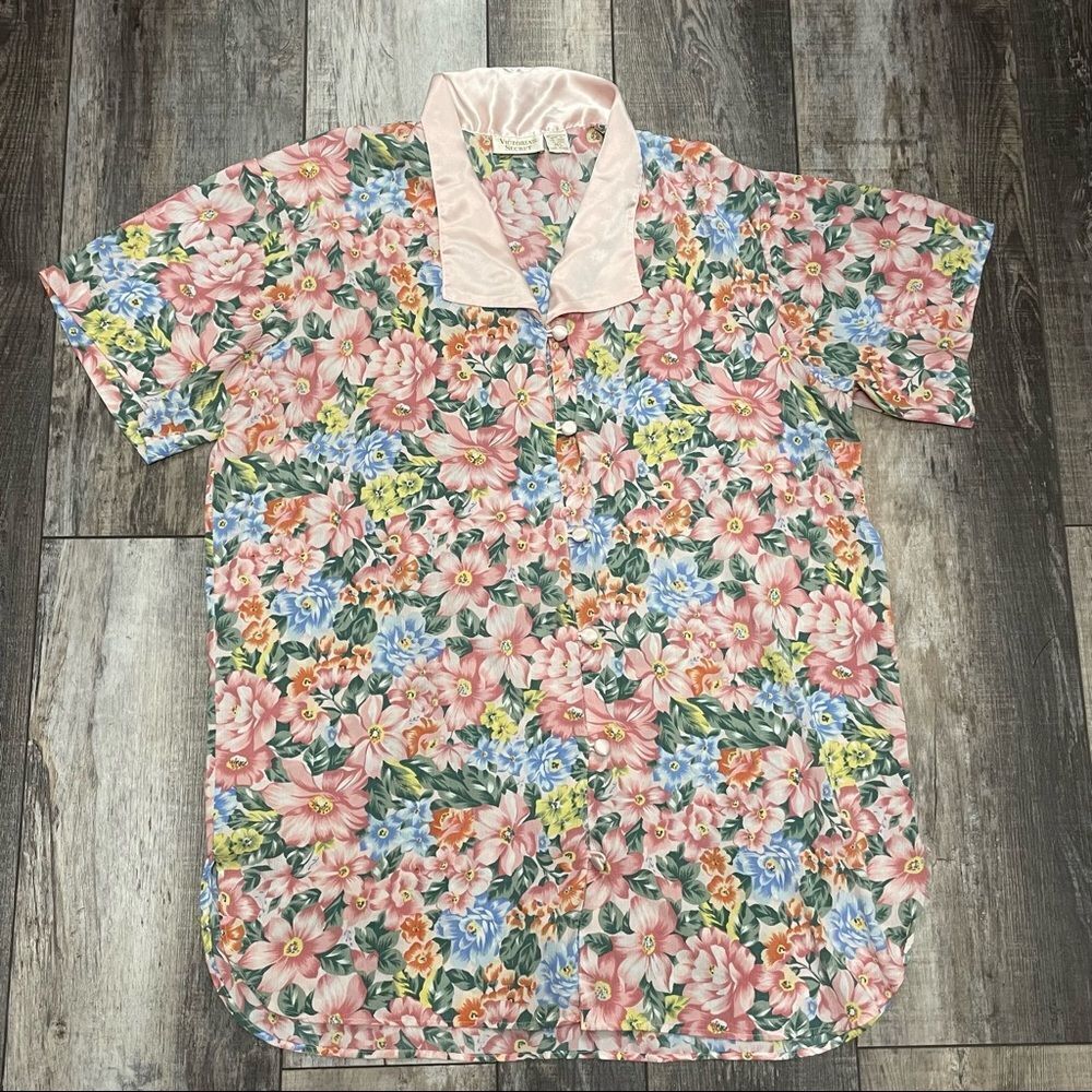Vintage Victoria’s Secret Gold Label Floral Sleep Shirt Pajama Pink Blue Green L
